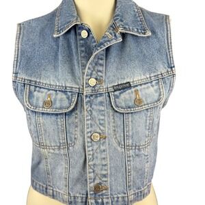 Vintage 90s Rough Wear Denim Vest Cropped Light Wash Trucker Y2K Boho Western
